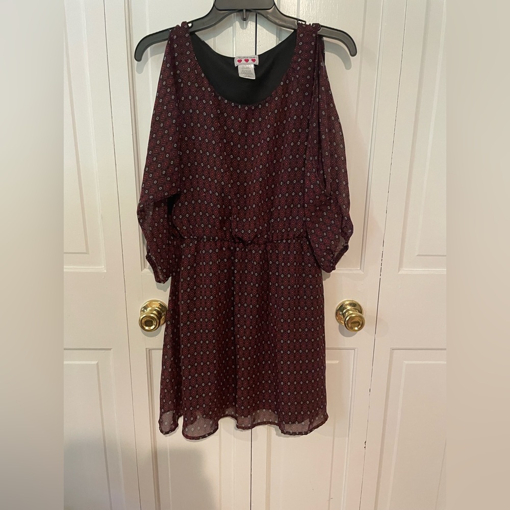 Three Pink Hearts Cold Shoulder patterned dress 3/4 sleeve Size L